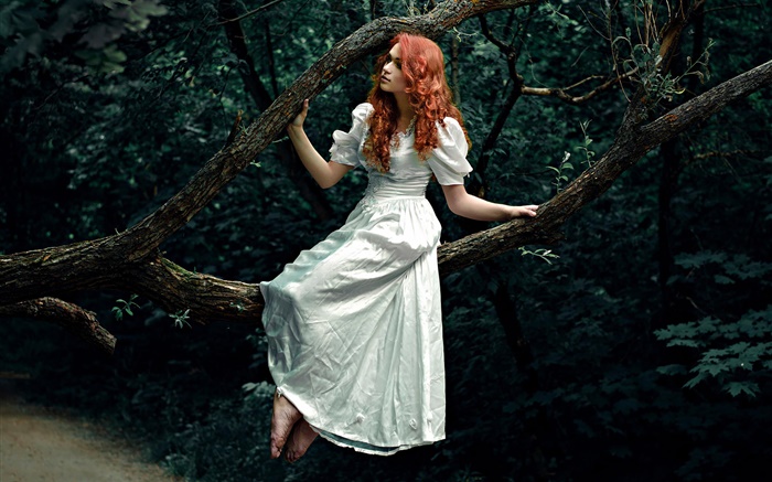 红头发的女孩，白色礼服，森林，树 壁纸 图片