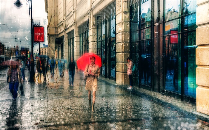圣彼得堡，女孩，伞，雨，街，人民 壁纸 图片