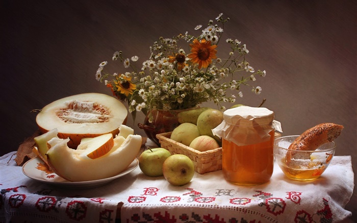 静物，食品，花卉，苹果，蜂蜜，哈密瓜 壁纸 图片