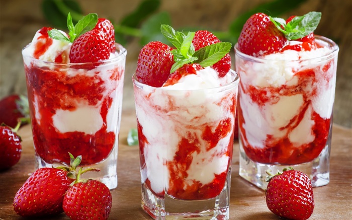 草莓冰淇淋，甜点 壁纸 图片