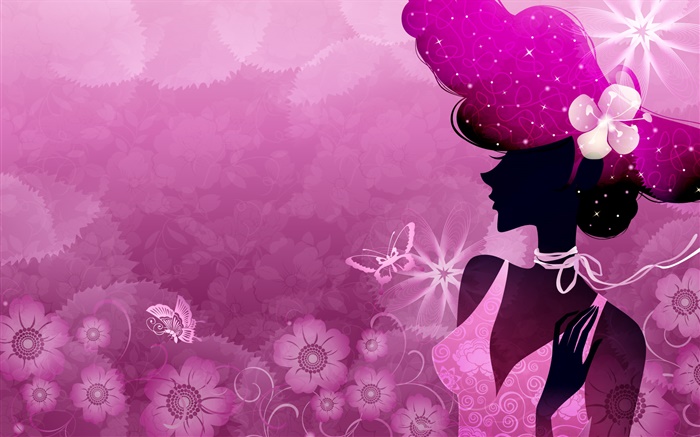 夏天，紫色背景，矢量女孩，太阳，花朵，蝴蝶 壁纸 图片