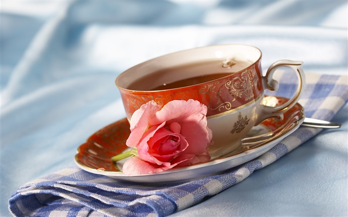 茶，杯，饮料，粉红色的玫瑰花 壁纸 图片