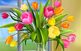 郁金香，花，颜色，花瓶，艺术图片 高清壁纸