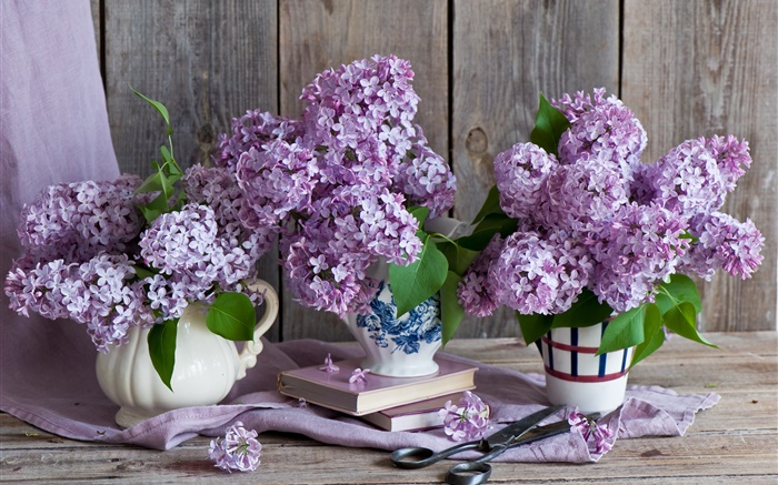 花瓶，丁香，紫色的花，书，剪刀 壁纸 图片