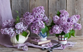 花瓶，丁香，紫色的花，书，剪刀