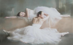 水彩画，芭蕾，舞者的女孩，白色礼服 高清壁纸
