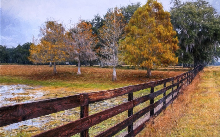 秋天的油画，树木，栅栏 壁纸 图片