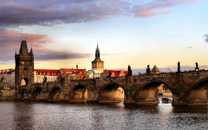 捷克共和国，布拉格，城市，桥梁，河流，房屋 壁纸 图片