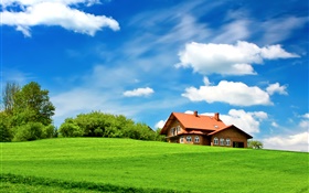绿草如茵，树木，房子，云，蓝天 高清壁纸