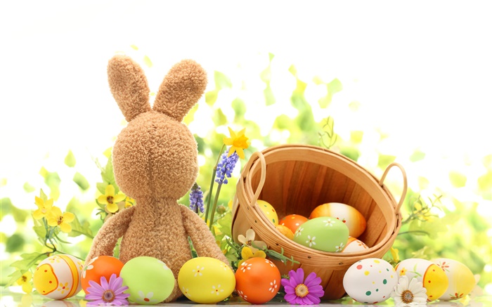复活节快乐，丰富多彩的蛋，装饰，郁金香，兔子玩具 壁纸 图片