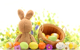 复活节快乐，丰富多彩的蛋，装饰，郁金香，兔子玩具 高清壁纸