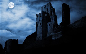 夜，月亮，废墟，堡垒，云