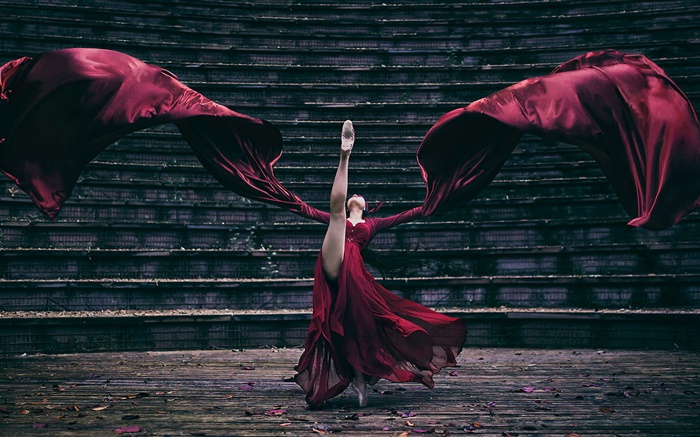 红色的礼服的女孩跳舞，楼梯 壁纸 图片
