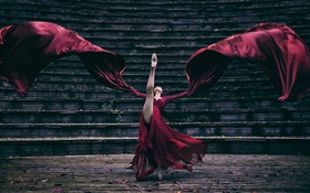 红色的礼服的女孩跳舞，楼梯 高清壁纸