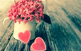 红色的花朵，花束，糖果，爱的心，情人节