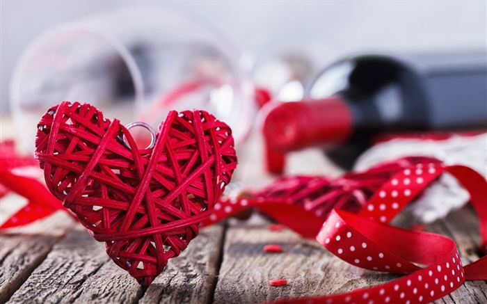 情人节，红色爱情心脏，葡萄酒，浪漫 壁纸 图片