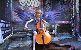 天使女孩玩大提琴，翅膀 高清壁纸