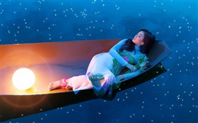 在船上亚洲女孩晚上睡觉 高清壁纸