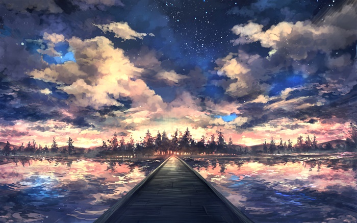 桥梁，河流，树木，天空，云，日落，绘画艺术 壁纸 图片