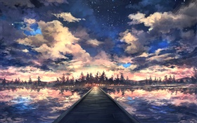桥梁，河流，树木，天空，云，日落，绘画艺术 高清壁纸