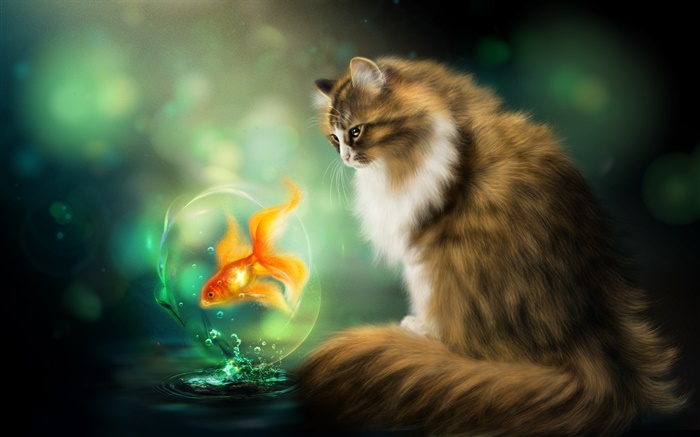 猫与金鱼，绘画艺术 壁纸 图片