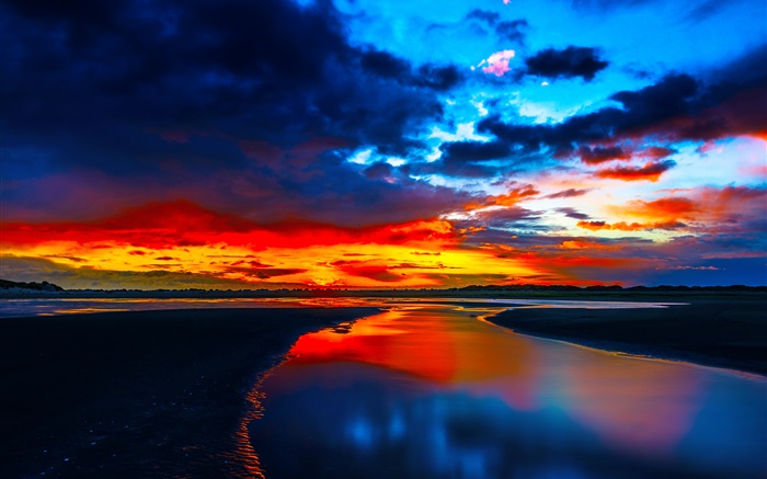海岸日落，海，发光，云，黄昏 壁纸 图片