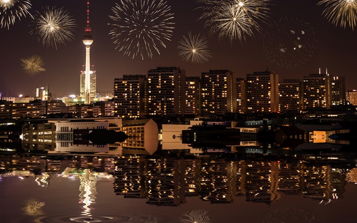 城市景观，夜，建筑物，灯，河，柏林，德国 壁纸 图片
