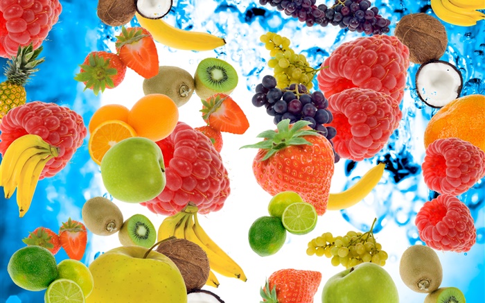 许多种水果，覆盆子，香蕉，猕猴桃，草莓，柠檬，苹果 壁纸 图片