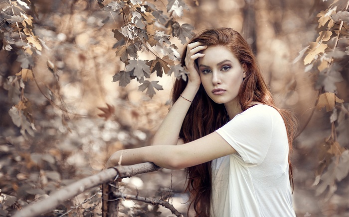 棕色头发的女孩在秋季，树木，栅栏 壁纸 图片