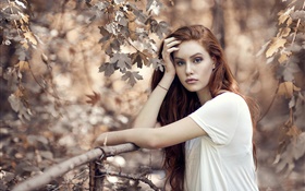 棕色头发的女孩在秋季，树木，栅栏