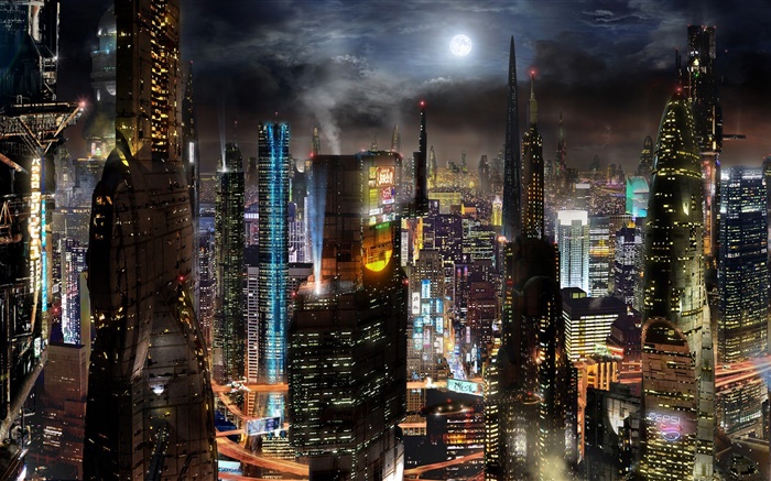 未来的城市，摩天大楼，建筑物，路，夜，科幻创意设计 壁纸 图片