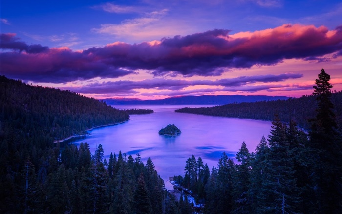 自然，黎明，湖，山，岛，树，云 壁纸 图片