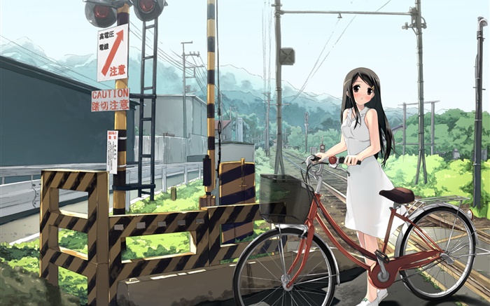 动漫女孩，铁路，自行车，电源线 壁纸 图片