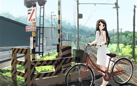 动漫女孩，铁路，自行车，电源线 高清壁纸