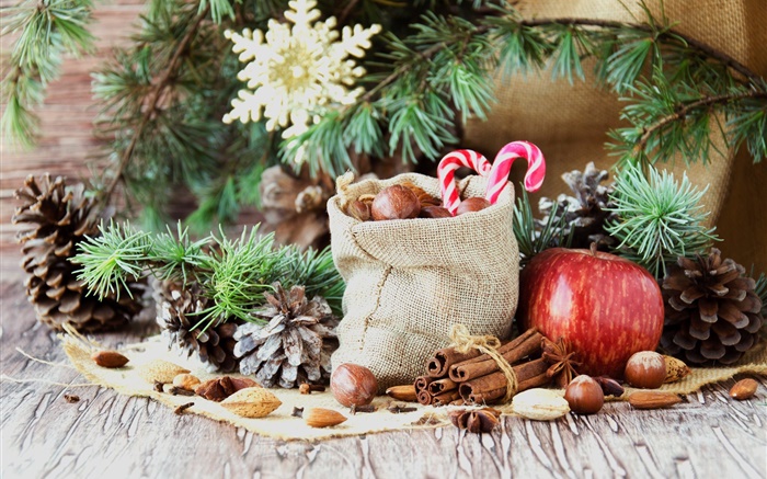 圣诞快乐，袋子，糖果，苹果，坚果 壁纸 图片