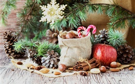 圣诞快乐，袋子，糖果，苹果，坚果 高清壁纸
