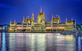 议会大厦，水反射，光，布达佩斯，匈牙利 高清壁纸