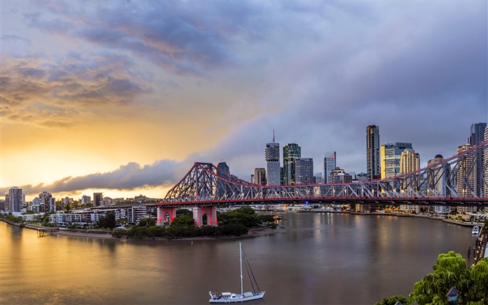 昆士兰，唐人街，澳大利亚，河，桥，黎明，建筑物 壁纸 图片