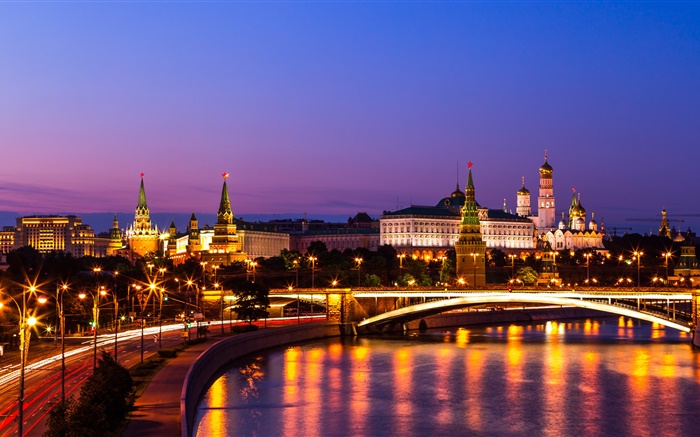 克里姆林宫，俄罗斯，莫斯科，夜晚的城市，河，灯 壁纸 图片