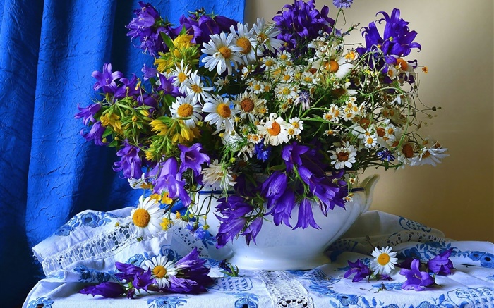白色黄色蓝色花，花瓶 壁纸 图片