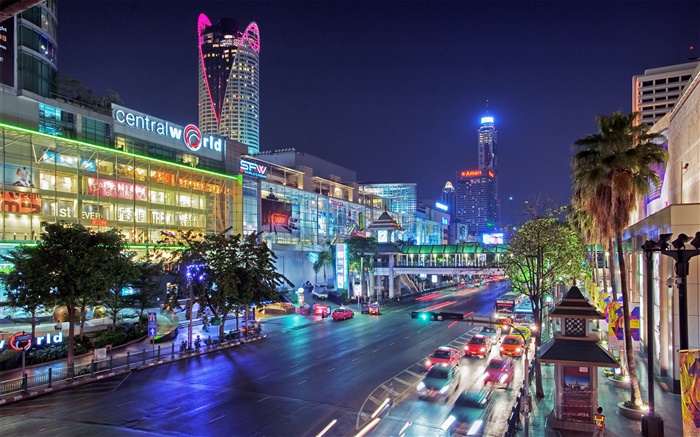 曼谷，泰国，城市夜，路，房子，灯 壁纸 图片