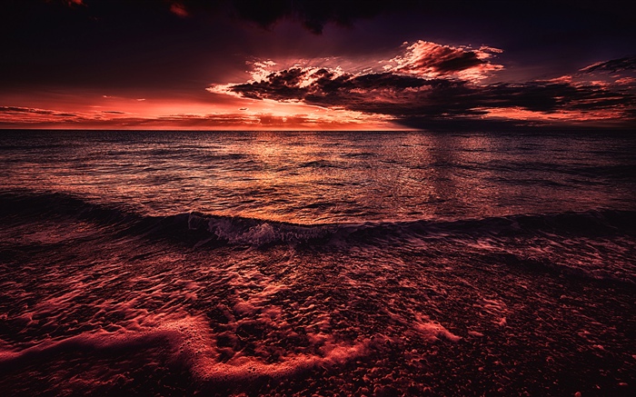 海，日落，晚上，红色风格 壁纸 图片