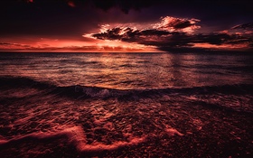 海，日落，晚上，红色风格 高清壁纸
