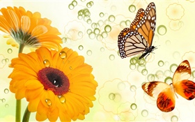 黄色的花朵和蝴蝶，创意设计 高清壁纸