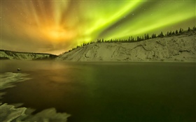阿拉斯加，北极光，湖，雪，冬天