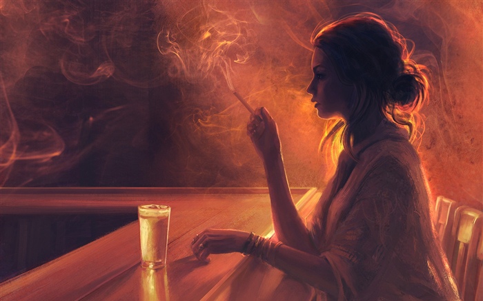 酒吧的女孩，香烟，烟 壁纸 图片
