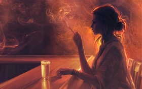 酒吧的女孩，香烟，烟 高清壁纸