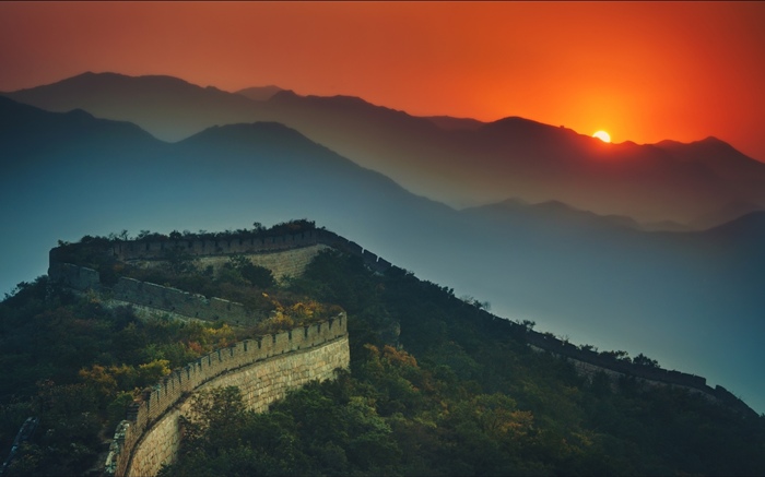 长城，山脉，日落，黄昏 壁纸 图片