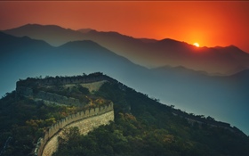 长城，山脉，日落，黄昏 高清壁纸