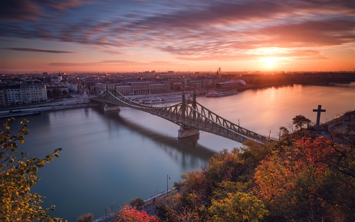 布达佩斯，匈牙利，河，桥梁，日落 壁纸 图片